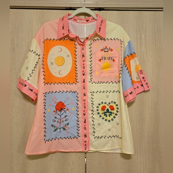 Sunday Up Sun Moon Rose Tiles Shirt Collared Satin Button Up - Picture 1 of 9